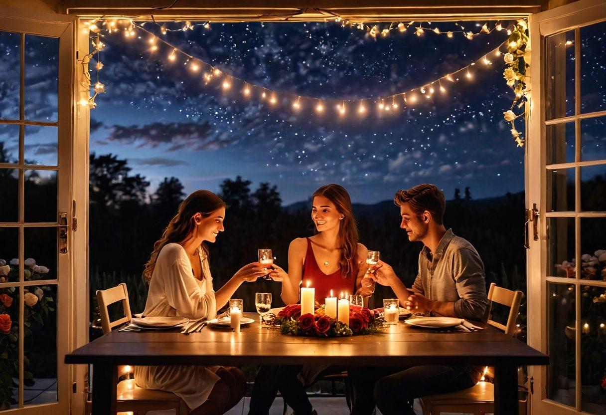 A cozy, beautifully set dinner table for two under a starry night sky, adorned with candles and roses. Soft, warm light emanates from the candles, highlighting a pair of hands gently clasping each other. In the background, silhouettes of a couple sharing a tender moment, framed by twinkling fairy lights. The atmosphere is filled with love and intimacy. super-realistic. vibrant colors. romantic ambiance.