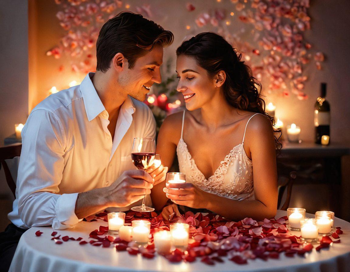A couple in a candlelit setting, leaning towards each other with warm smiles, surrounded by soft rose petals and gentle ambient lighting. A heart-shaped background filled with subtle hints of warm colors to evoke romance. Include delicate details like a glass of wine and a small bouquet, representing intimacy and connection. painting. soft focus. warm tones.