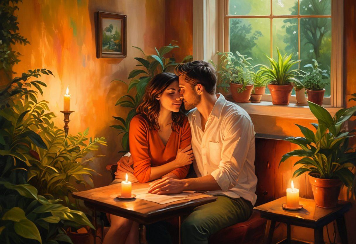 A warm, intimate scene depicting a couple sharing a quiet moment together, surrounded by soft candlelight and lush green plants symbolizing growth. Their expressions convey deep connection and affection, with hints of laughter and tenderness. The background features a cozy living space with vibrant colors and a touch of nature, signifying the cultivation of love. painting. warm colors. cozy atmosphere.